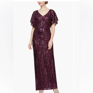 Alex Evenings Sequin V-Neck Flutter Sleeve Gown Size 12 NWT